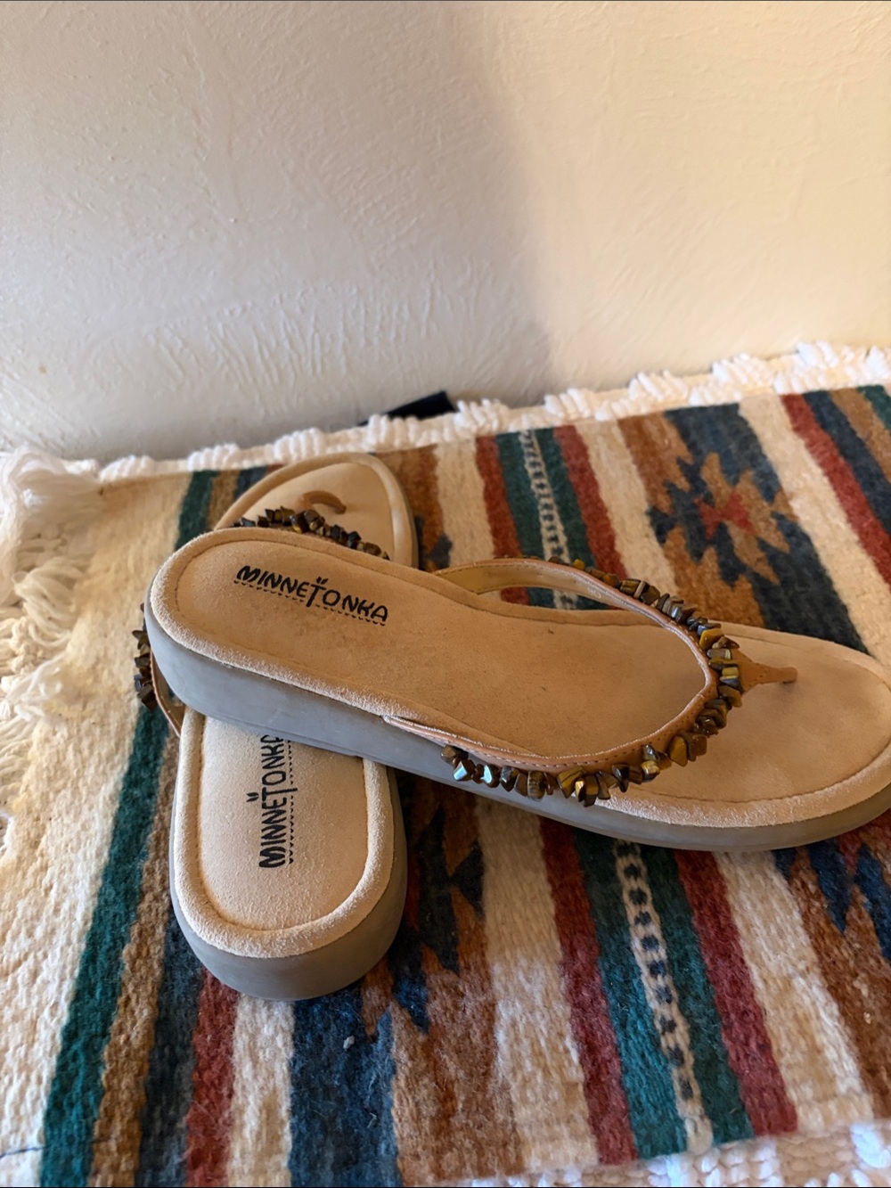Minnetonka Tan Beaded Thong Sandals